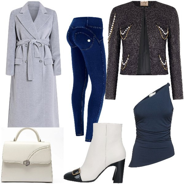 Outfit donna - Total look #2053337. Stile Chic per Ufficio. Abbinamento con stivaletti, cappotti, blazer, jeggings, top, borse a mano.