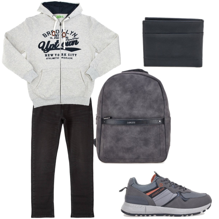 Outfit uomo - Vado a scuola. Stile Urban per Tutti i giorni. Abbinamento con jeans, sneakers, portafogli, felpe con cappuccio, borse sportive.