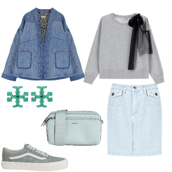 Outfit donna - Il denim dell\'amica estrosa. Stile Casual per Tutti i giorni. Abbinamento con orecchini, sneakers, borse a tracolla, minigonne, felpe, blazer.