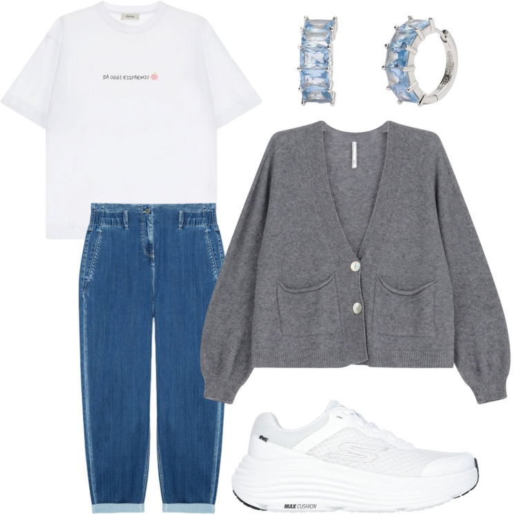 Outfit donna - Stile minimal. Stile Basic per Tutti i giorni. Abbinamento con orecchini, cardigans, t-shirt, jeans, sneakers.