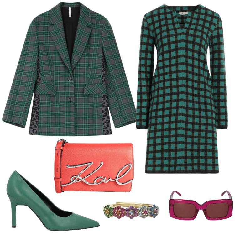 Outfit donna - Geco style. Stile Chic per Serata fuori. Abbinamento con décolleté, vestiti corti, borse a tracolla, anelli, blazer, occhiali da sole.