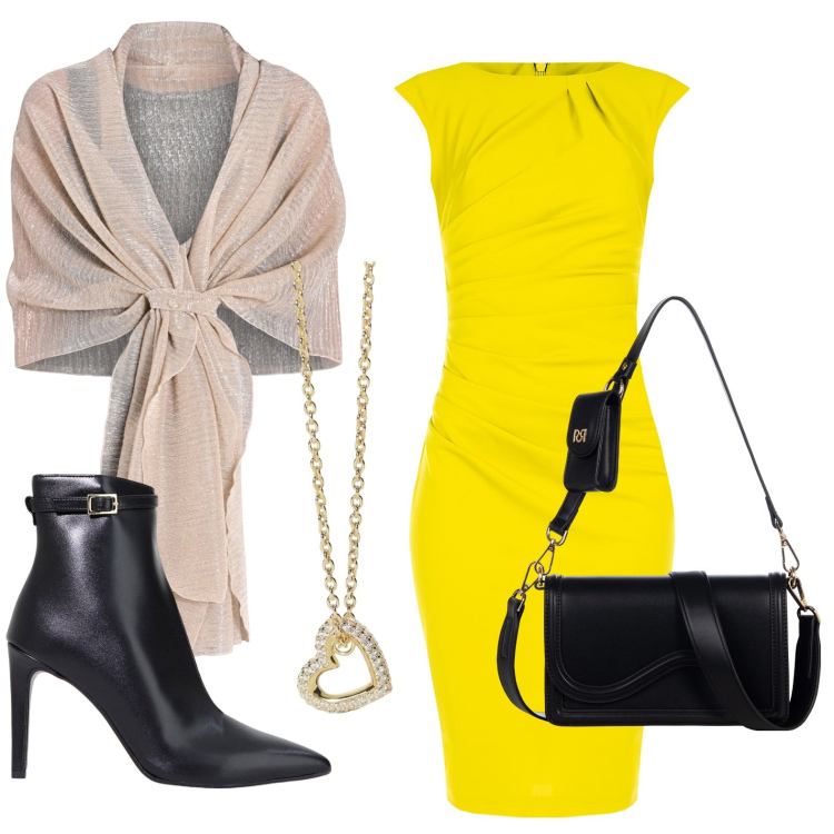 Outfit donna - Rinascimento - SS25. Stile Chic per Serata fuori. Abbinamento con stivaletti, collane, vestiti a tubino, stole, pochette.