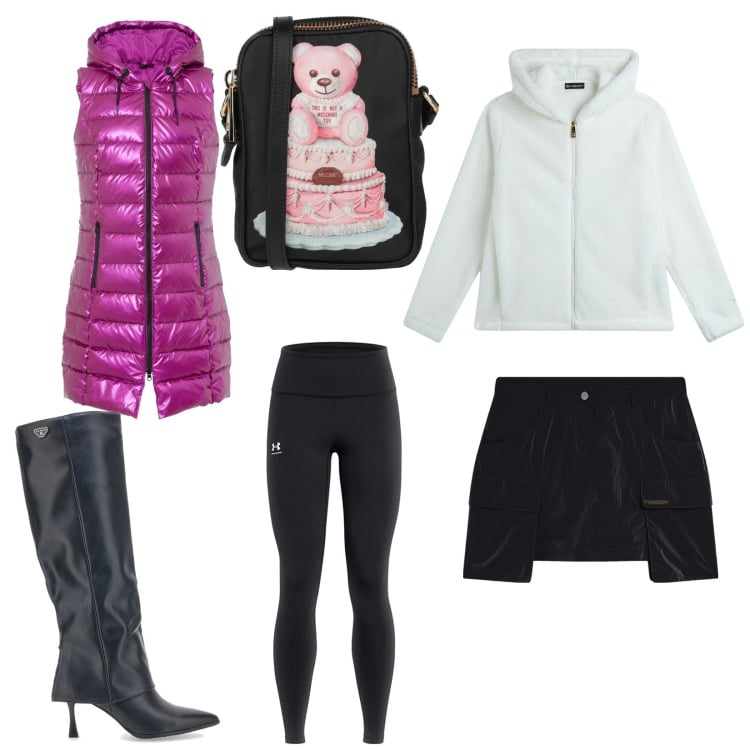 Outfit donna - Total look #2053377. Abbinamento con gilet, borse a tracolla, felpe con cappuccio, minigonne, stivali, leggings.