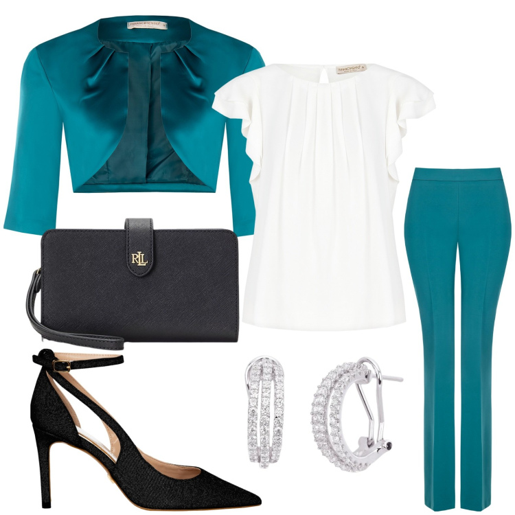 Outfit donna - Rinascimento - SS25. Stile Chic per Cerimonia. Abbinamento con orecchini, pantaloni, bolero, bluse, décolleté, pochette.