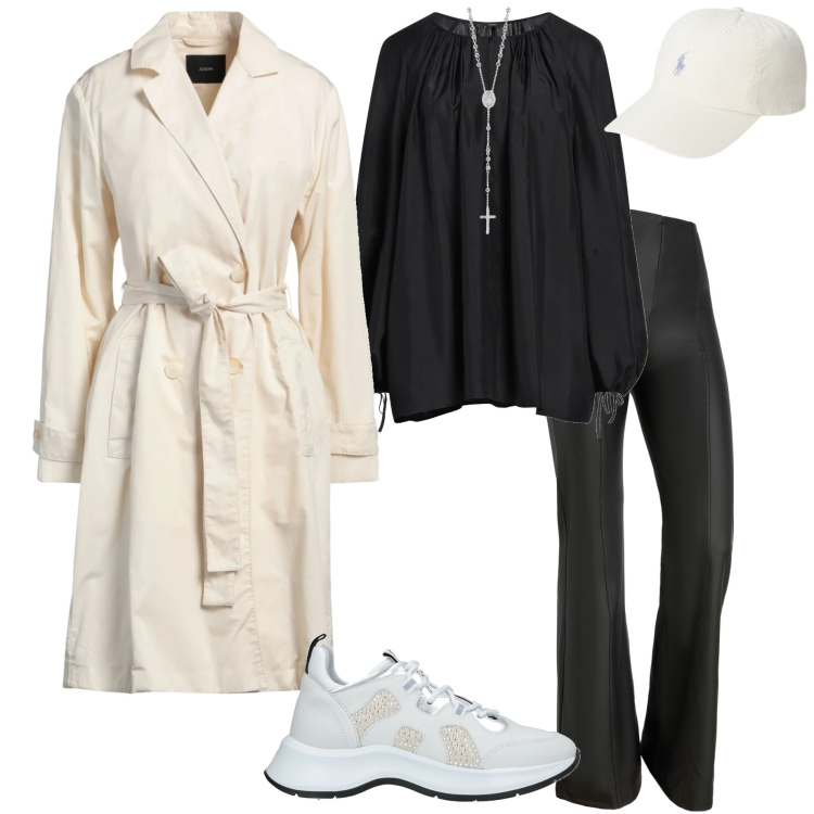 Outfit donna - Stile athleisure. Stile Sporty chic per Tutti i giorni. Abbinamento con sneakers, top, trench, collane, pantaloni, cappelli.
