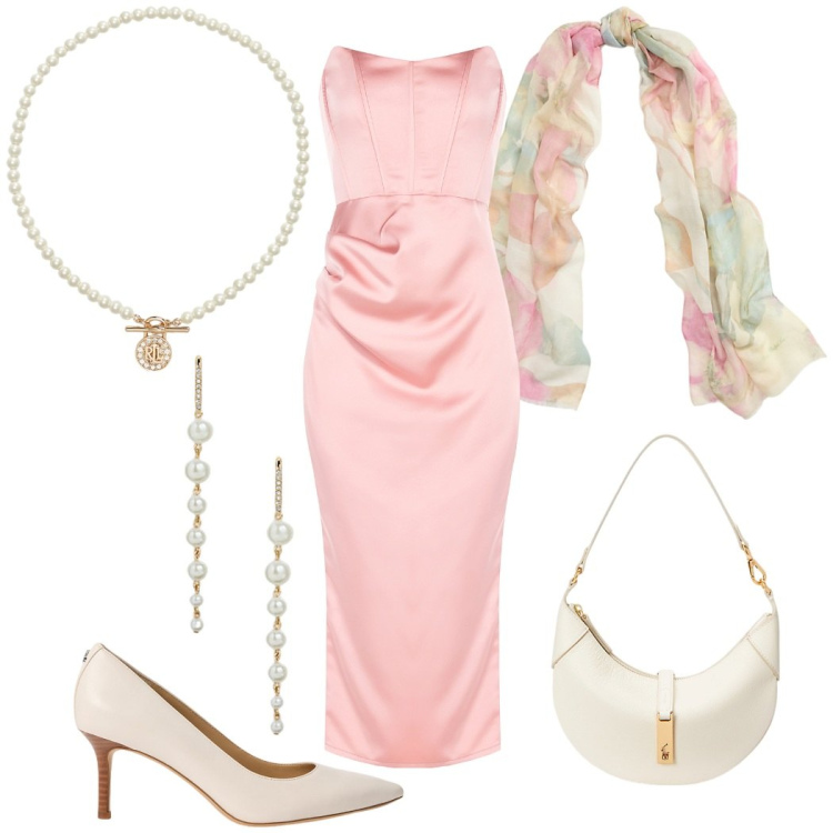 Outfit donna - La testimone della sposa. Stile Glamour per Cerimonia. Abbinamento con vestiti midi/longuette, ciondoli, borse a spalla, sciarpe, décolleté, orecchini.