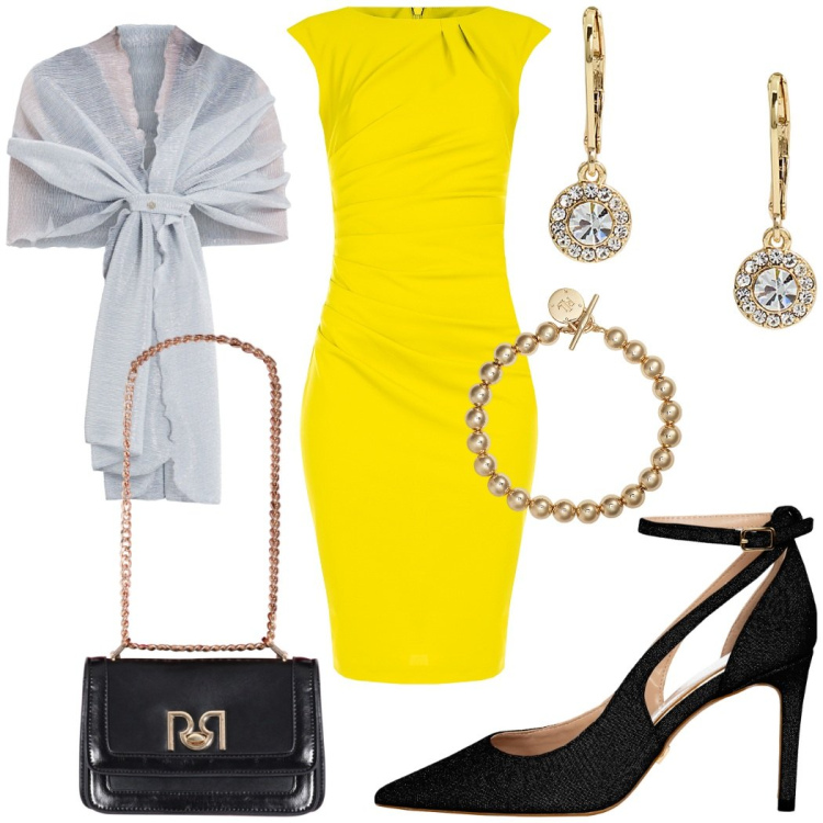 Outfit donna - Abito giallo brillante per la cerimonia. Stile Glamour per Cerimonia. Abbinamento con stole, vestiti a tubino, décolleté, borse a tracolla, braccialetti, orecchini.