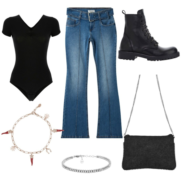 Outfit donna - old. Stile Basic Abbinamento con jeans a zampa, borse a tracolla, braccialetti, stivaletti, body, braccialetti.