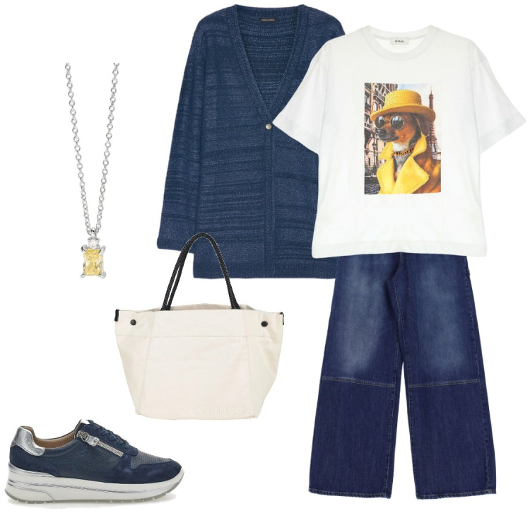 Outfit donna - Cagnolino vippp. Stile Casual per Tutti i giorni. Abbinamento con borse a mano, cardigans, collane, jeans a zampa, t-shirt, scarpe stringate.