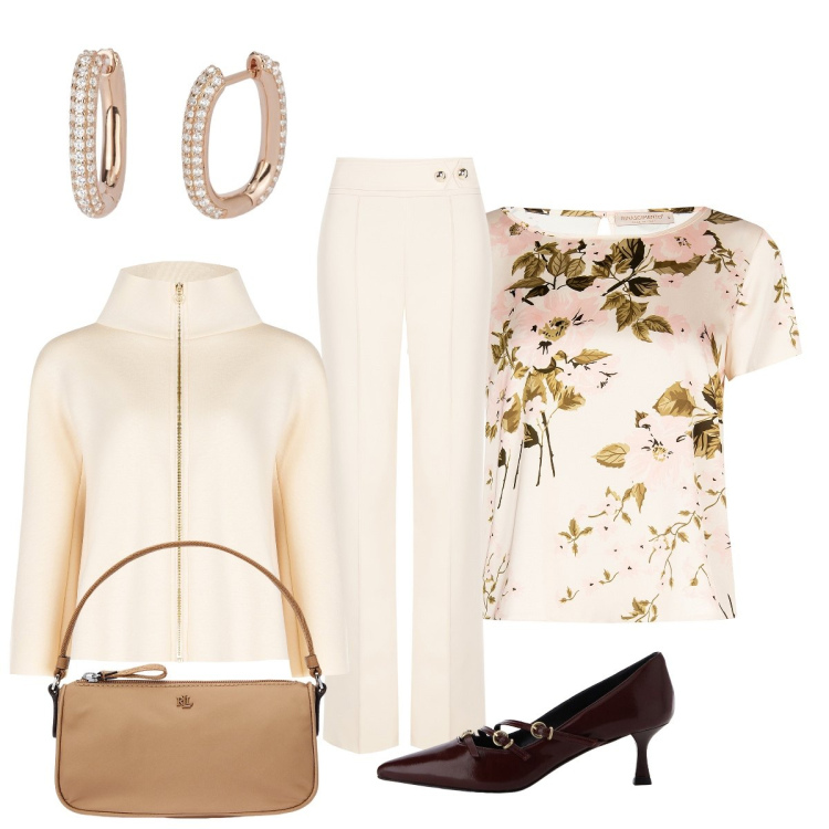 Outfit donna - Cerimonia pomeridiana. Stile Chic per Cerimonia. Abbinamento con décolleté, orecchini, pantaloni, bluse, cappe, pochette.