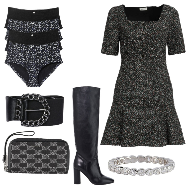 Outfit donna - Tweed. Stile Bon Ton per Ufficio. Abbinamento con culotte, vestiti corti, portafogli, anelli, stivali, cinture.