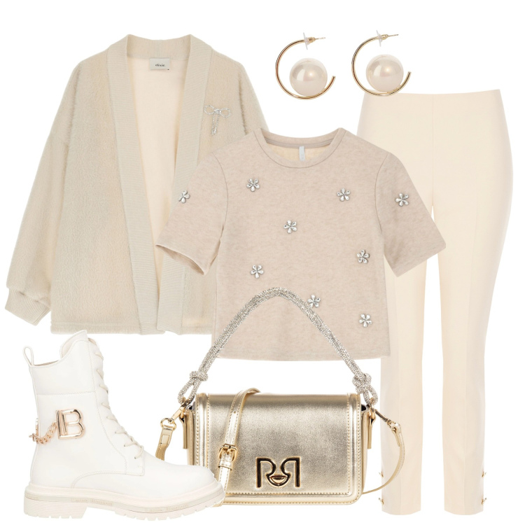 Outfit donna - Comfort di stile. Stile Casual chic per Tutti i giorni. Abbinamento con anfibi, pantaloni, borse a mano, maglieria, orecchini, blazer.