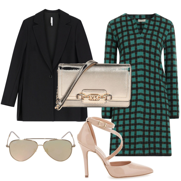 Outfit donna - Bon ton a quadri. Stile Chic per Serata fuori. Abbinamento con borse a mano, vestiti corti, blazer, décolleté, occhiali da sole.