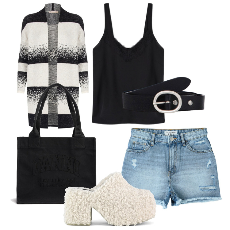 Outfit donna - Teddy fur. Stile Boho per Tutti i giorni. Abbinamento con shorts, cardigans, cinture, sabot, shopping bag, top.