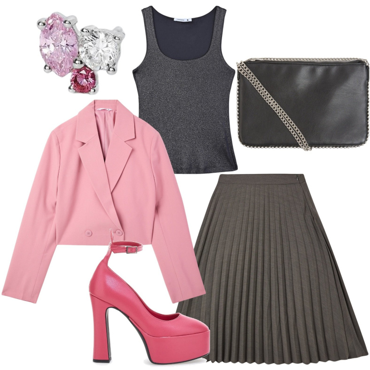 Outfit donna - Vaporosa in gonna. Stile Glamour per Serata fuori. Abbinamento con borse a tracolla, blazer, top, gonne lunghe, orecchini, décolleté.
