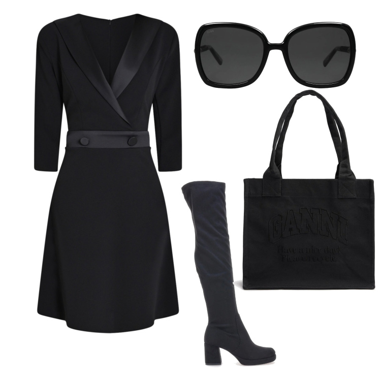 Outfit donna - Ethel. Stile Rock per Tutti i giorni. Abbinamento con occhiali da sole, vestiti corti, stivali, shopping bag.