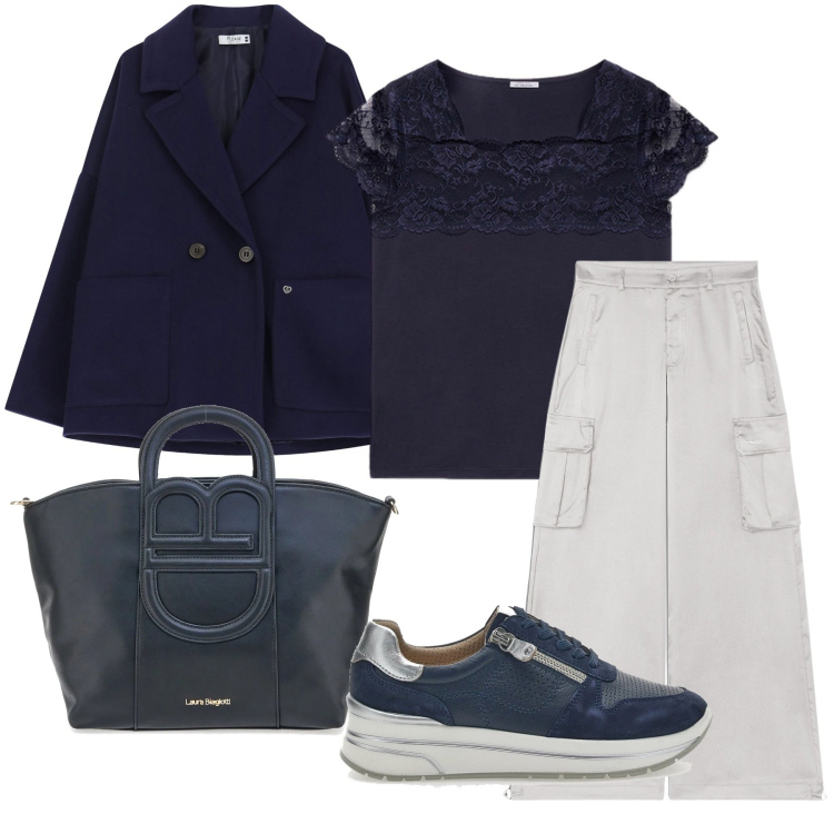 Outfit donna - Blu e avorio. Stile Casual per Tutti i giorni. Abbinamento con t-shirt, blazer, pantaloni cargo, scarpe stringate, borse a tracolla.