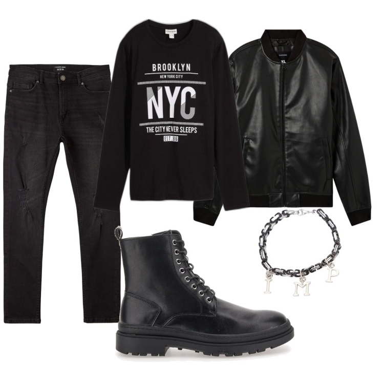 Outfit uomo - Total look #2053426. Stile Trendy per Tutti i giorni. Abbinamento con maglieria, jeans strappati, bomber, braccialetti, anfibi.
