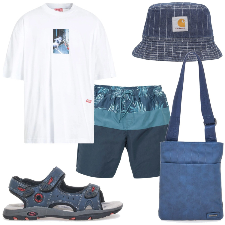 Outfit uomo - Mare in blue. Stile Casual per Mare. Abbinamento con costumi, t-shirt, portafogli, sandali, cappelli.