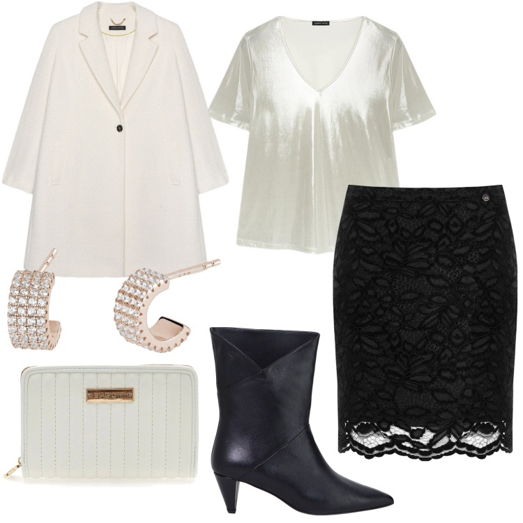 Outfit donna - Curvy. Stile Casual chic per Serata fuori. Abbinamento con orecchini, minigonne, stivaletti, portafogli, cappotti, t-shirt.