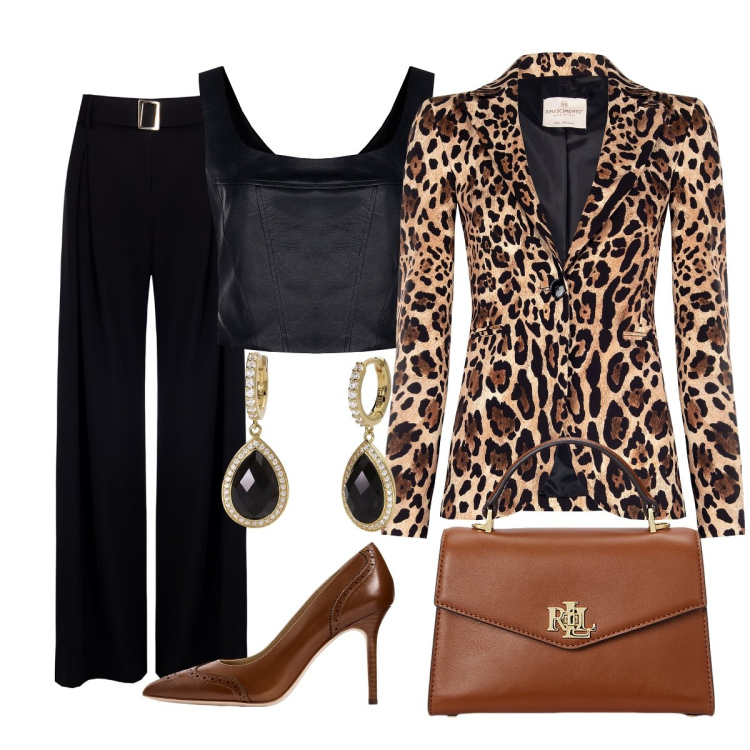 Outfit donna - Uscita serale. Stile Glamour per Serata fuori. Abbinamento con orecchini, blazer, pantaloni, top, borse a mano, décolleté.