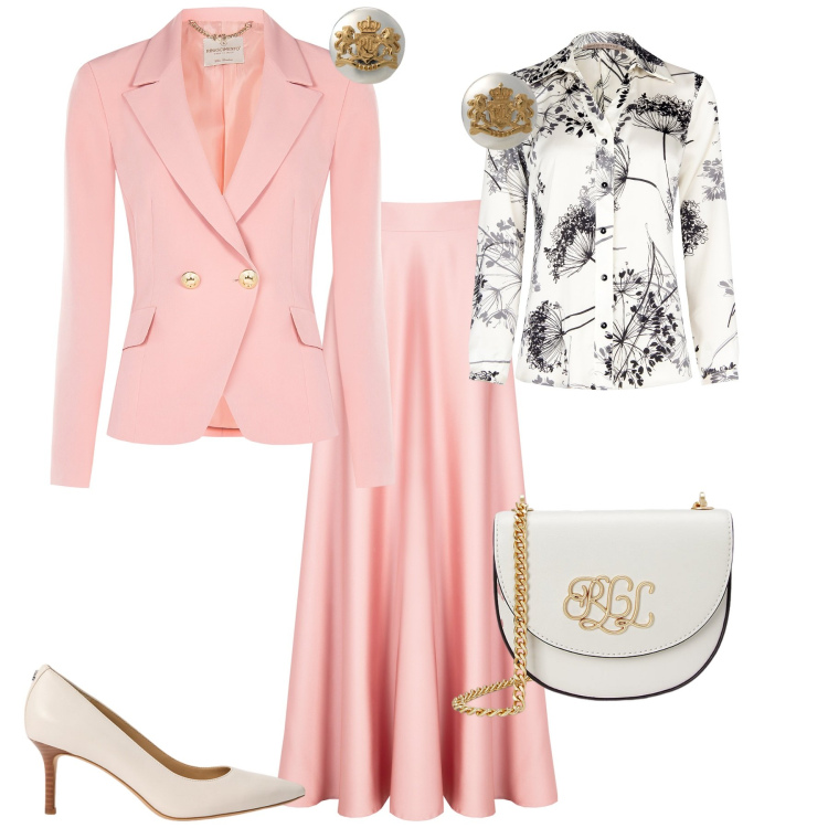 Outfit donna - Total look #2053435. Stile Romantica per Cerimonia. Abbinamento con blazer, gonne, camicie, orecchini, décolleté, borse a tracolla.