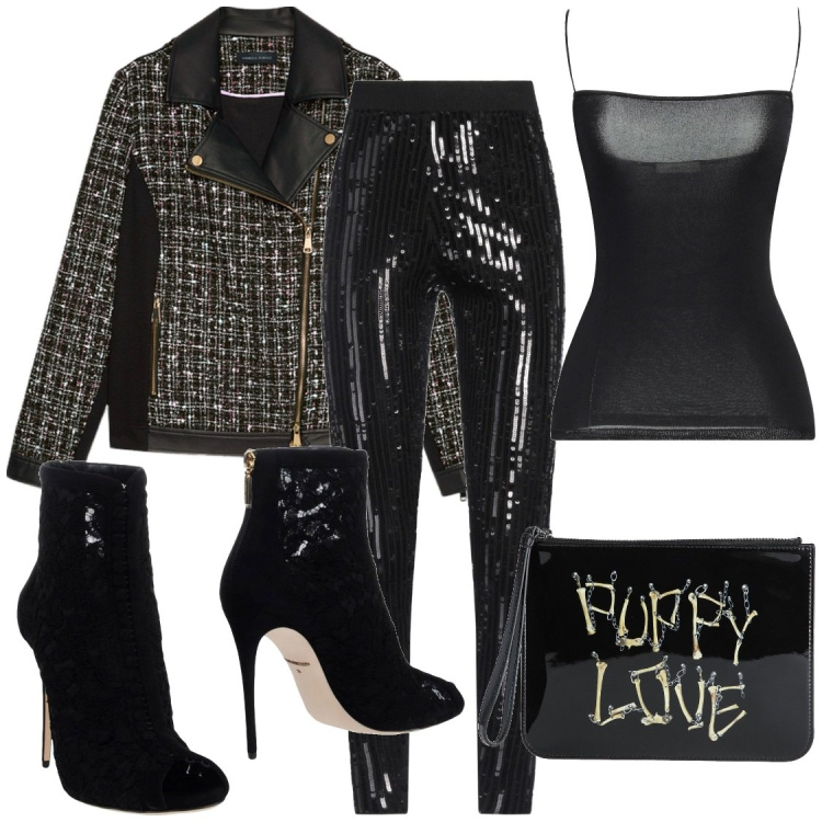 Outfit donna - Serate in discoteca. Stile Glamour per Serata fuori. Abbinamento con pantaloni, top, stivaletti, borse a mano, blazer.