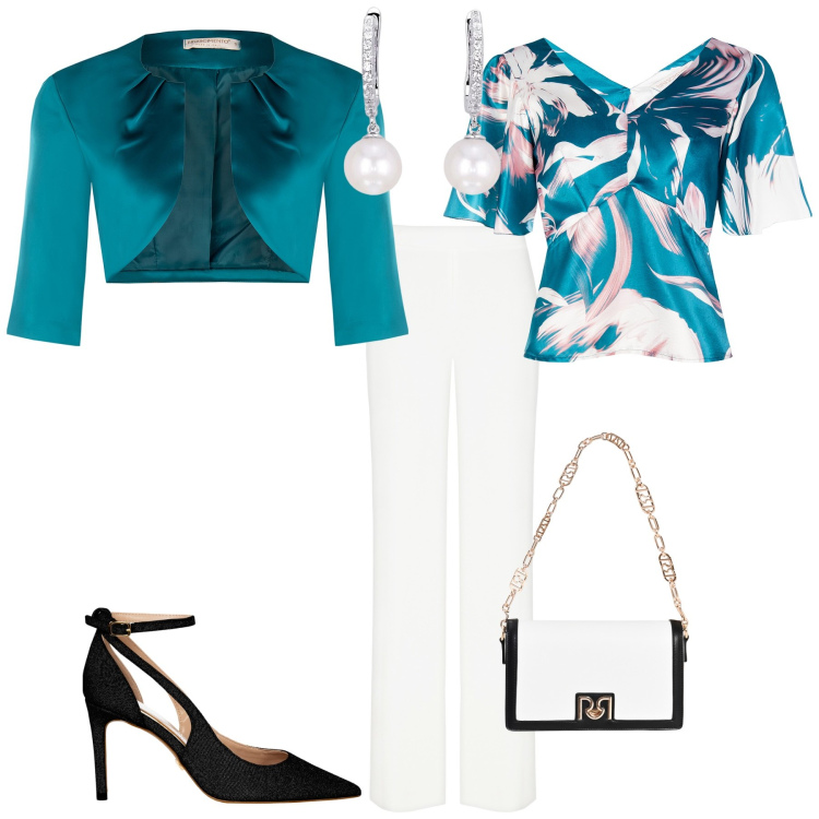 Outfit donna - Cerimonia evento serata speciale. Stile Chic per Cerimonia. Abbinamento con bluse, pantaloni a palazzo, bolero, borse a tracolla, décolleté, orecchini.