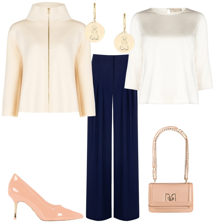 Outfit donna - Ufficio eventi cerimonia. Stile Bon Ton per Tutti i giorni. Abbinamento con pantaloni a palazzo, bluse, décolleté, cappe, borse a tracolla, orecchini.