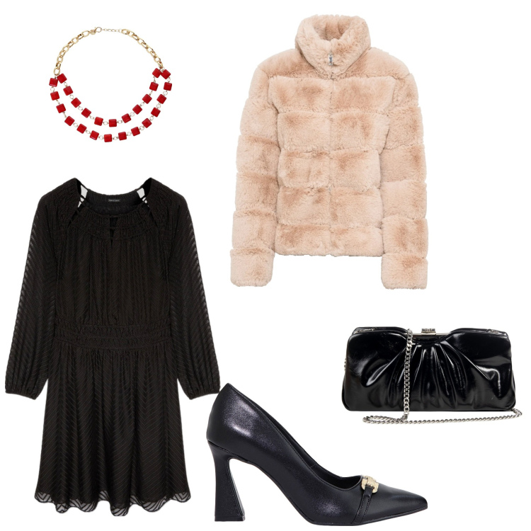 Outfit donna - Morbido San Valentino. Abbinamento con ecopellicce, collane, pochette, stivaletti, vestiti.