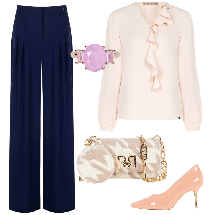 Outfit donna - Una discreta eleganza. Stile Chic per Cerimonia. Abbinamento con anelli, pantaloni a palazzo, décolleté, bluse, borse a tracolla.