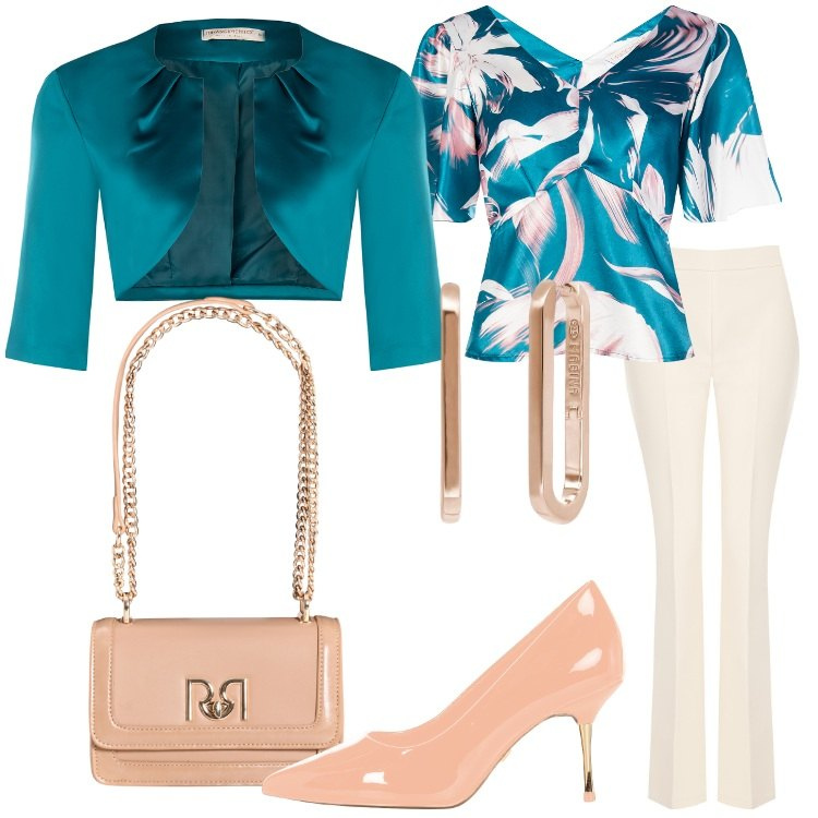 Outfit donna - Rinascimento - SS25. Stile Chic per Serata fuori. Abbinamento con orecchini, bolero, décolleté, bluse, pantaloni, borse a tracolla.