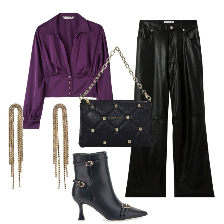 Outfit donna - Serata. Stile Chic per Serata fuori. Abbinamento con orecchini, pantaloni, bluse, borse a spalla, stivaletti.
