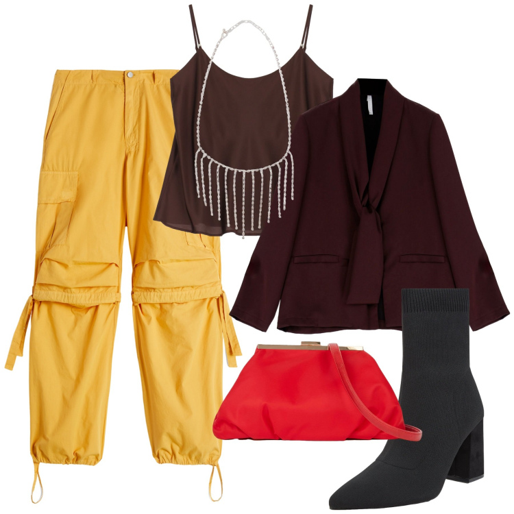 Outfit donna - Speciale: stile athleisure. Stile Sporty chic per Tutti i giorni. Abbinamento con collane, stivaletti, top, blazer, pantaloni cargo, pochette.