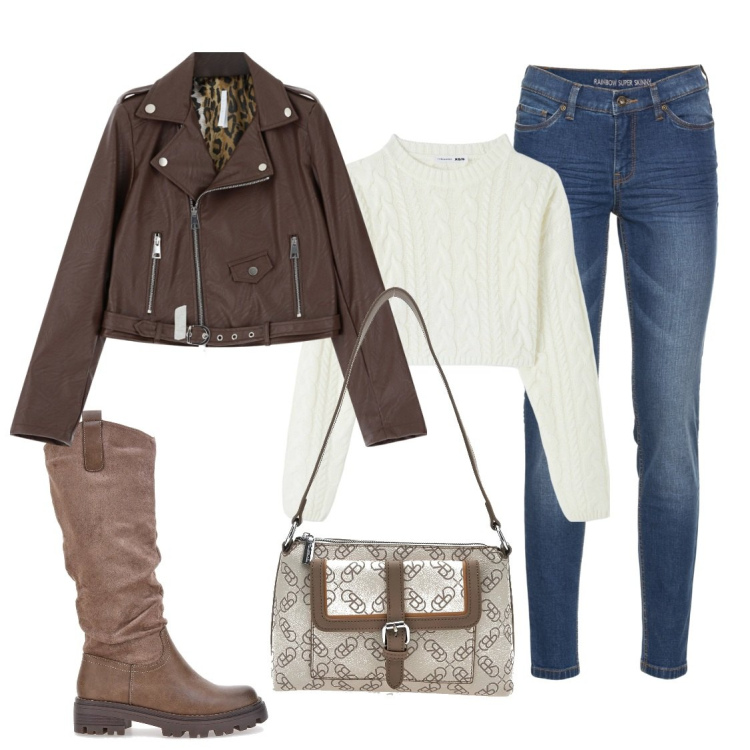 Outfit donna - City. Stile Casual per Tutti i giorni. Abbinamento con jeans skinny, maglieria, giacche, stivali, borse a spalla.