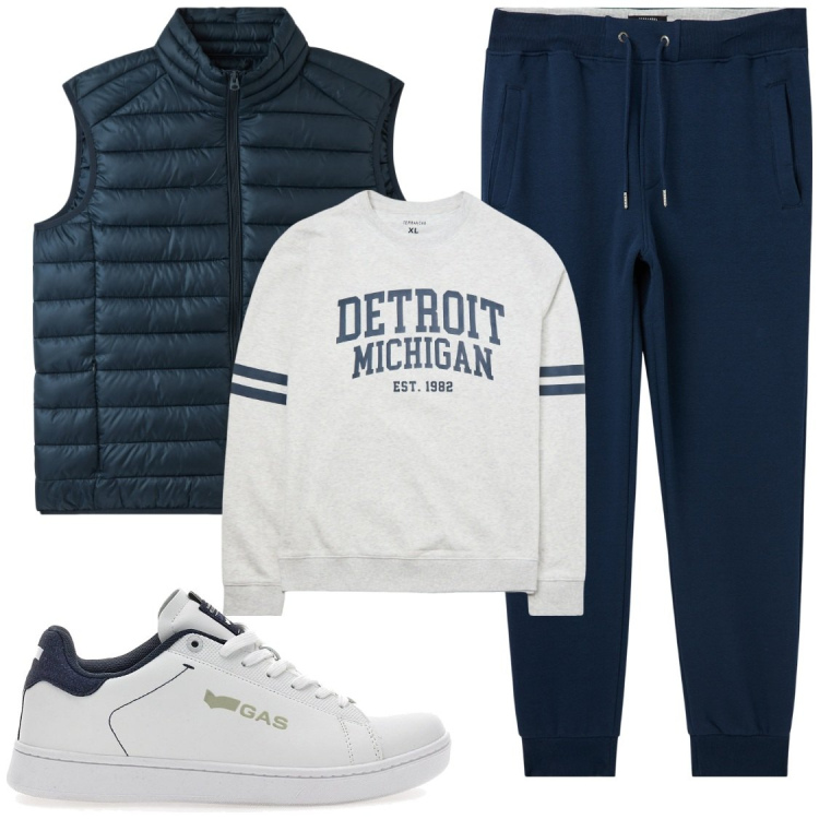 Outfit uomo - Il gilet trapuntato anche sui jians. Stile Casual per Tutti i giorni. Abbinamento con gilet, felpe, pantaloni, sneakers.