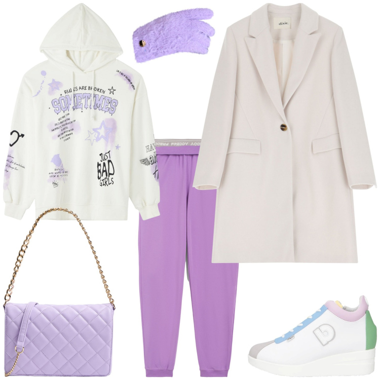 Outfit donna - Comfort e raffinatezza. Stile Sporty chic per Tutti i giorni. Abbinamento con sneakers, felpe con cappuccio, borse a tracolla, guanti, pantaloni, cappotti.