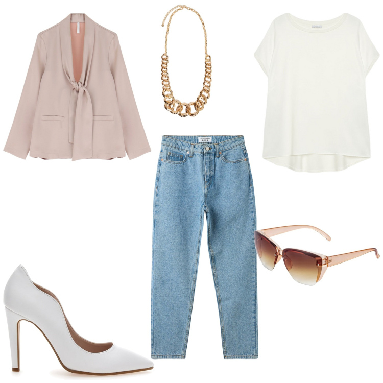 Outfit donna - Total look #2053501. Stile Chic per Tutti i giorni. Abbinamento con occhiali da sole, jeans mom, blazer, décolleté, collane, bluse.