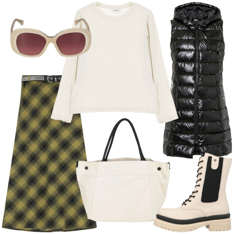 Outfit donna - Casual con stile. Stile Casual chic per Tutti i giorni. Abbinamento con gilet, anfibi, borse a mano, gonne lunghe, maglieria, occhiali da sole.