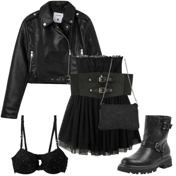 Outfit donna - Serata rock. Stile Rock per Serata fuori. Abbinamento con vestiti corti, stivaletti, cinture, borse a tracolla, giacche, reggiseni push-up.