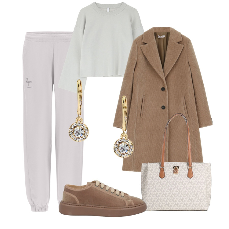 Outfit donna - Sportiva con classe. Stile Sporty chic per Tutti i giorni. Abbinamento con sneakers, borse a spalla, cappotti, maglieria, pantaloni, orecchini.