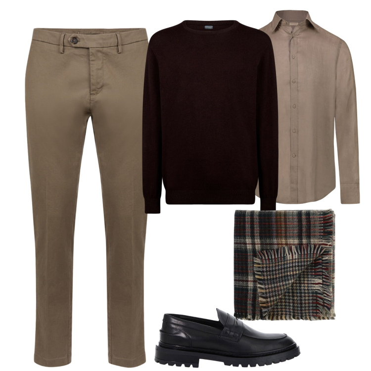 Outfit uomo - City. Stile Urban per Tutti i giorni. Abbinamento con sciarpe, scarpe stringate, pantaloni chino, maglieria, camicie.