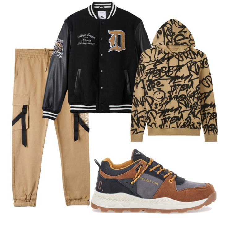 Outfit uomo - Total look #2053514. Stile Casual per Tutti i giorni. Abbinamento con felpe con cappuccio, pantaloni cargo, bomber, sneakers.