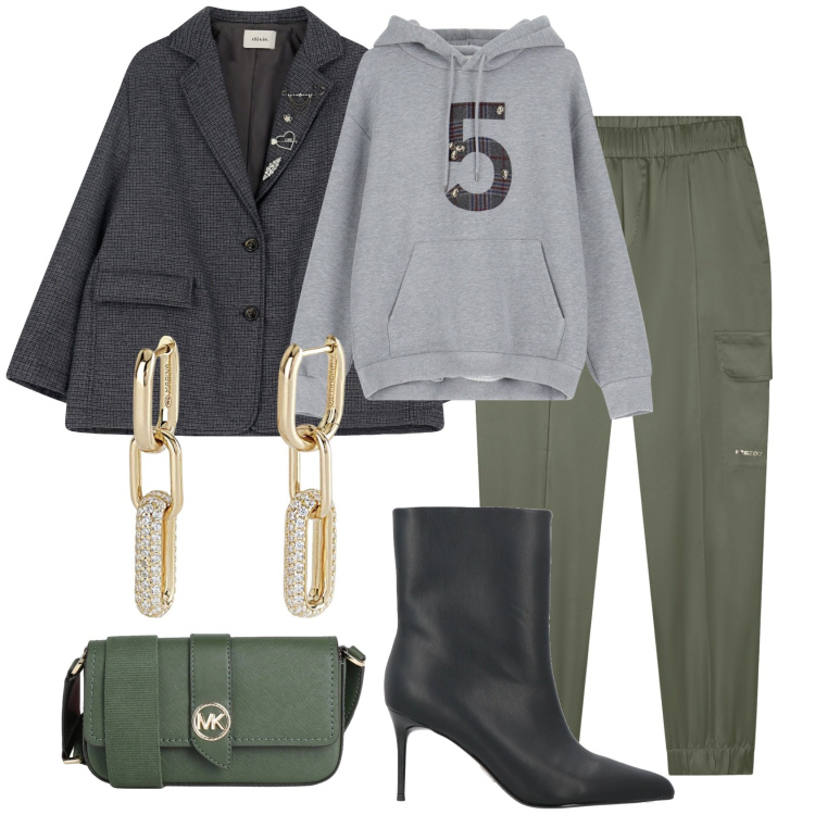 Outfit donna - Athleisure style. Stile Sporty chic per Tutti i giorni. Abbinamento con borse a tracolla, stivaletti, orecchini, pantaloni cargo, felpe con cappuccio, blazer.
