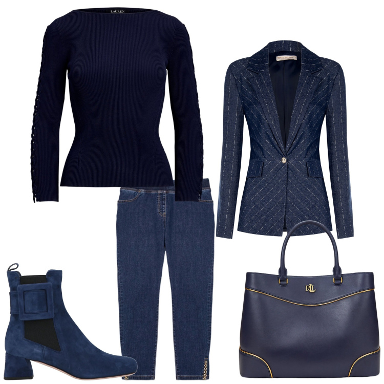 Outfit donna - Blu everyday. Stile Basic per Tutti i giorni. Abbinamento con stivaletti, blazer, borse a mano, maglieria, jeggings.