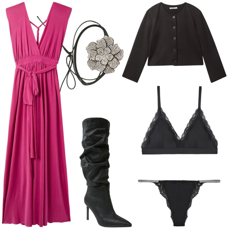 Outfit donna - San Valentino con Terranova. Stile Chic per Serata fuori. Abbinamento con collane, vestiti lunghi, reggiseni, blazer, stivali, culotte.