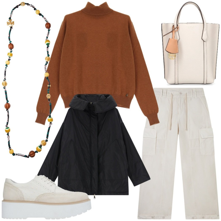 Outfit donna - Pomeriggio in città. Stile Urban per Tutti i giorni. Abbinamento con scarpe stringate, collane, pantaloni cargo, maglieria, parka, borse a mano.