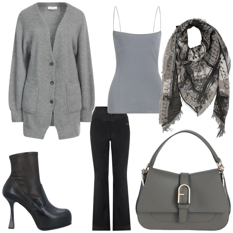 Outfit donna - Grigio e chic. Stile Casual chic per Ufficio. Abbinamento con cardigans, top, stivaletti, borse a mano, stole, jeggings.