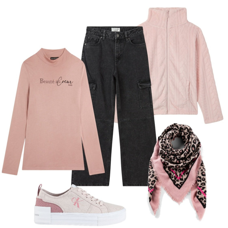 Outfit donna - N.40. Stile Casual per Tutti i giorni. Abbinamento con foulard, sneakers, jeans dritti, felpe, maglieria.