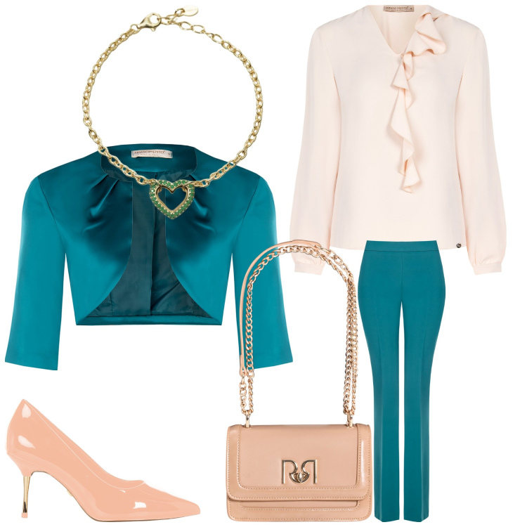 Outfit donna - Cerimonia in verde. Stile Chic per Cerimonia. Abbinamento con braccialetti, pantaloni, bolero, décolleté, bluse, borse a tracolla.